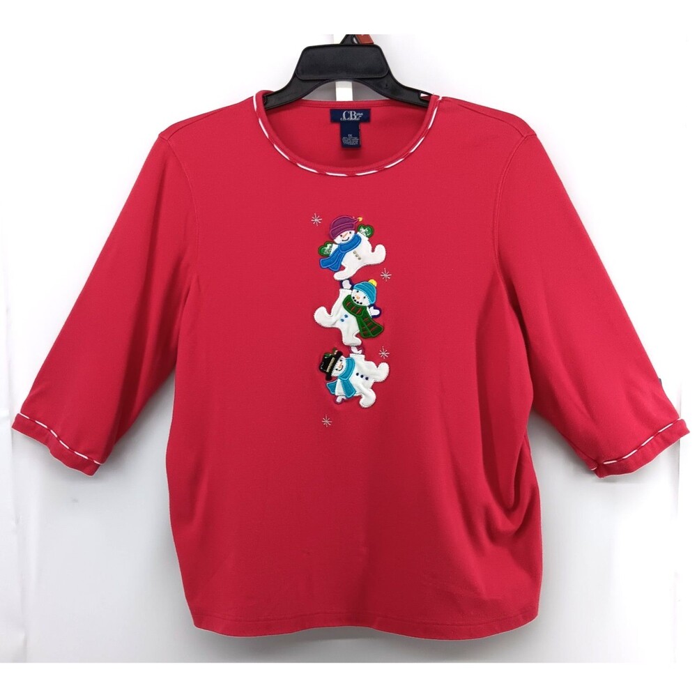 C.B. Casual Shirt Women Size 1X Red Beaded Embroidered Snowmen Holiday Top